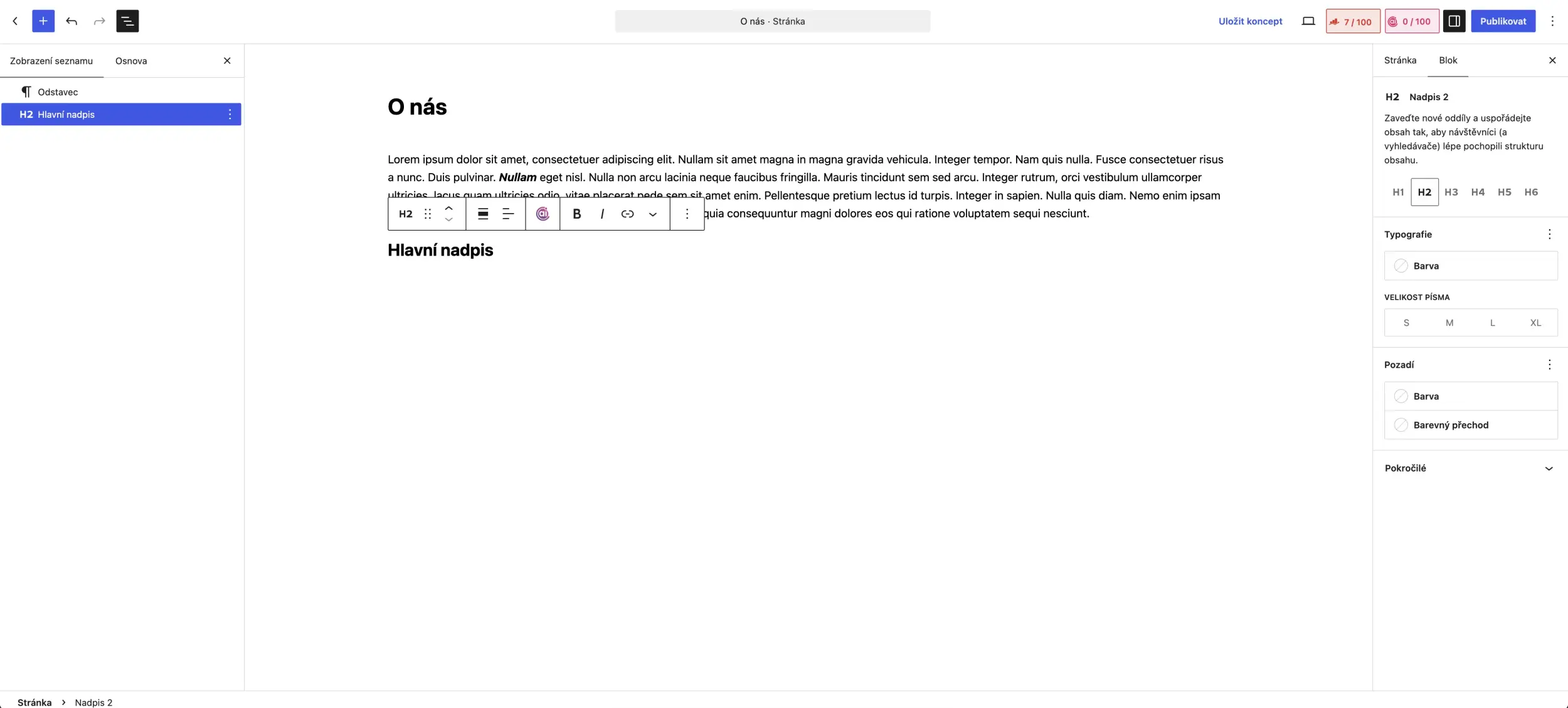 Gutenberg ve WordPressu krok za krokem - nadpisy h1, h2, h3, h4, h5, h6