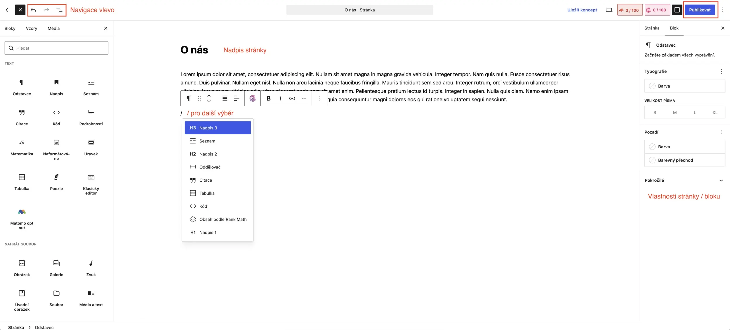 Gutenberg ve WordPressu krok za krokem - přehled prvků gutenbergu