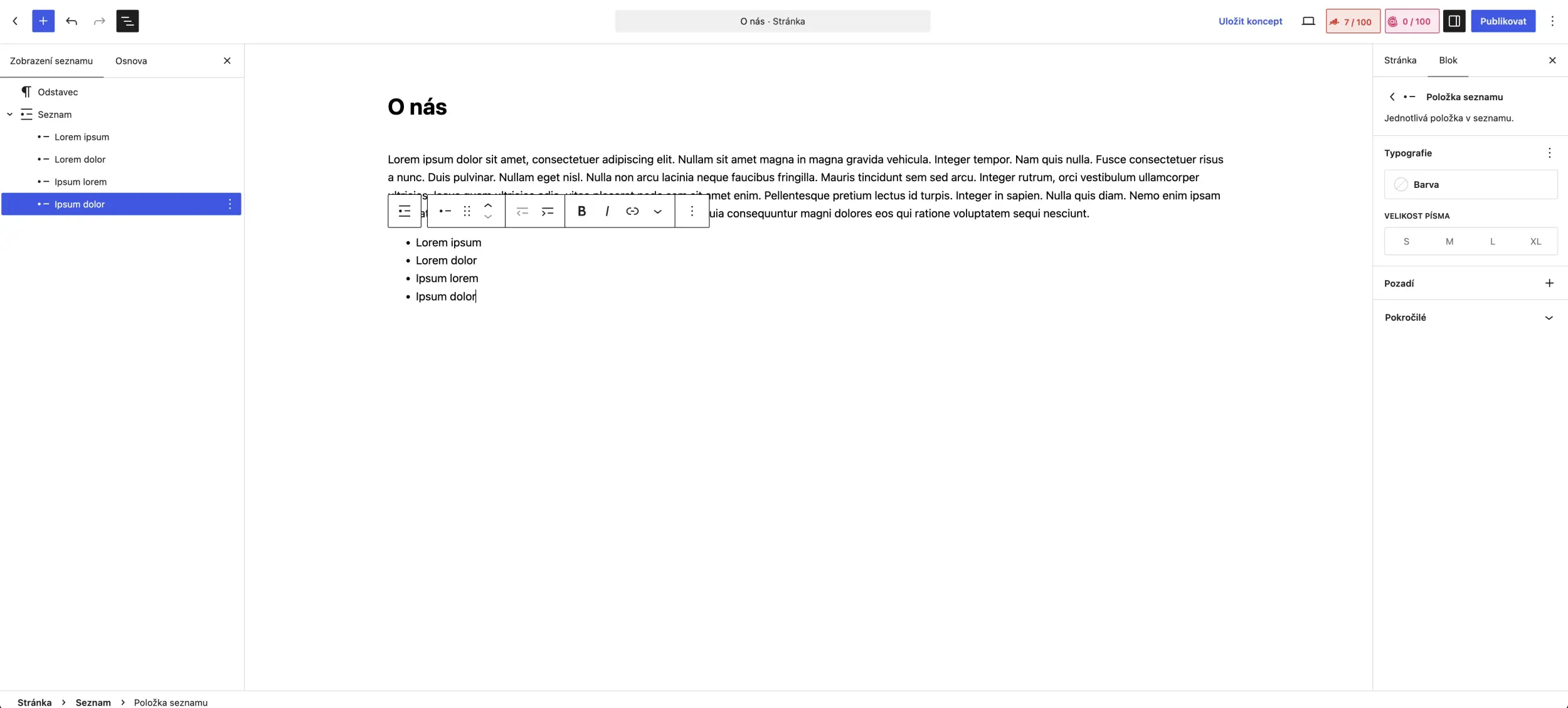 Gutenberg ve WordPressu krok za krokem - vložení seznamu