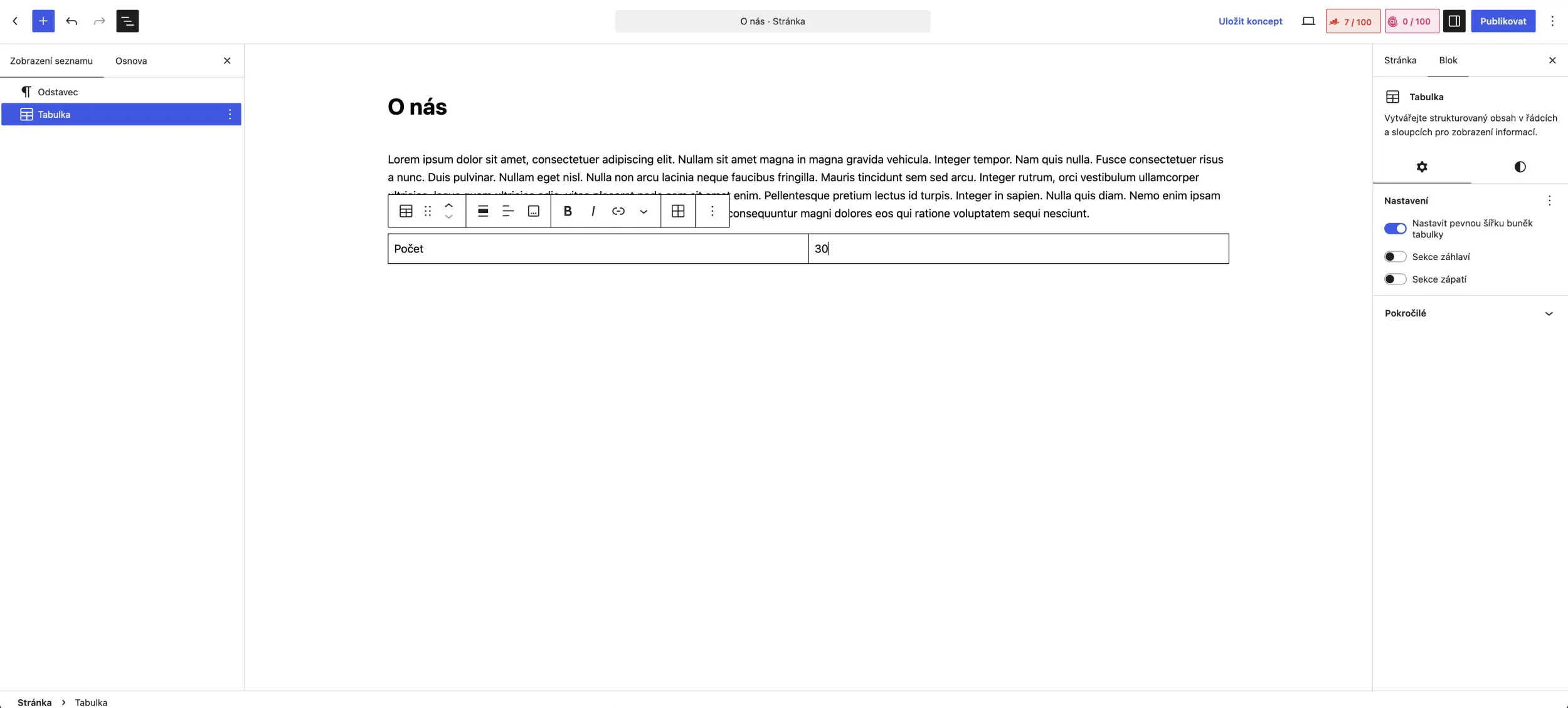 Gutenberg ve WordPressu krok za krokem - vložení tabulky