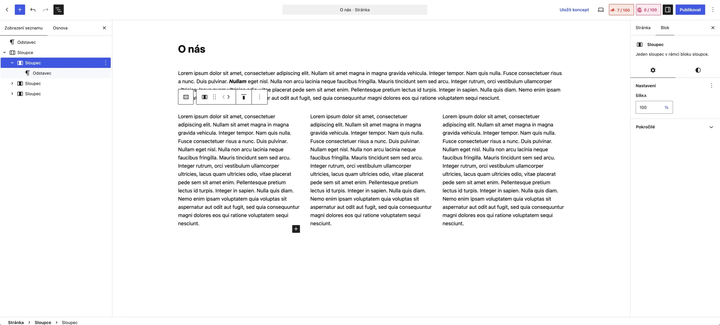Gutenberg ve WordPressu krok za krokem - vložení sloupců